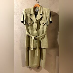 Vintage Oberon linen suit, midi pencil shirt with button front jacket style top